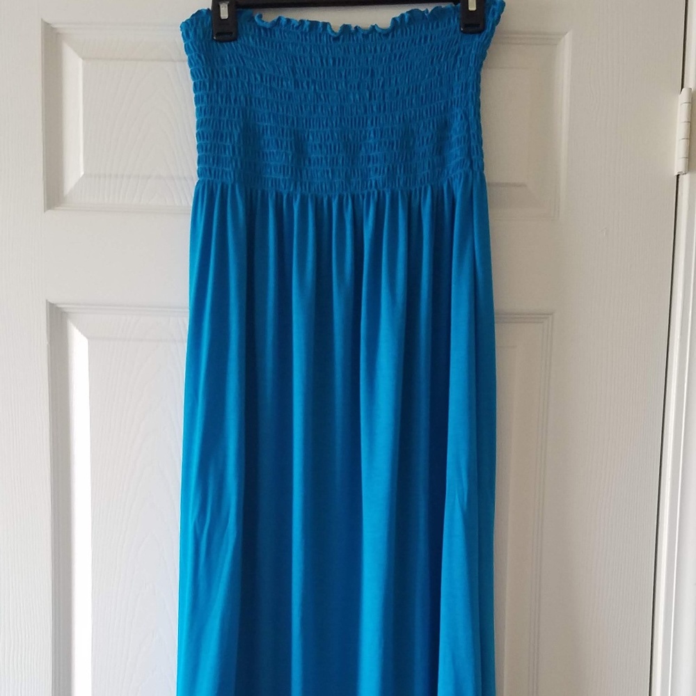 Blue/aqua long strapless cotton maxi dress